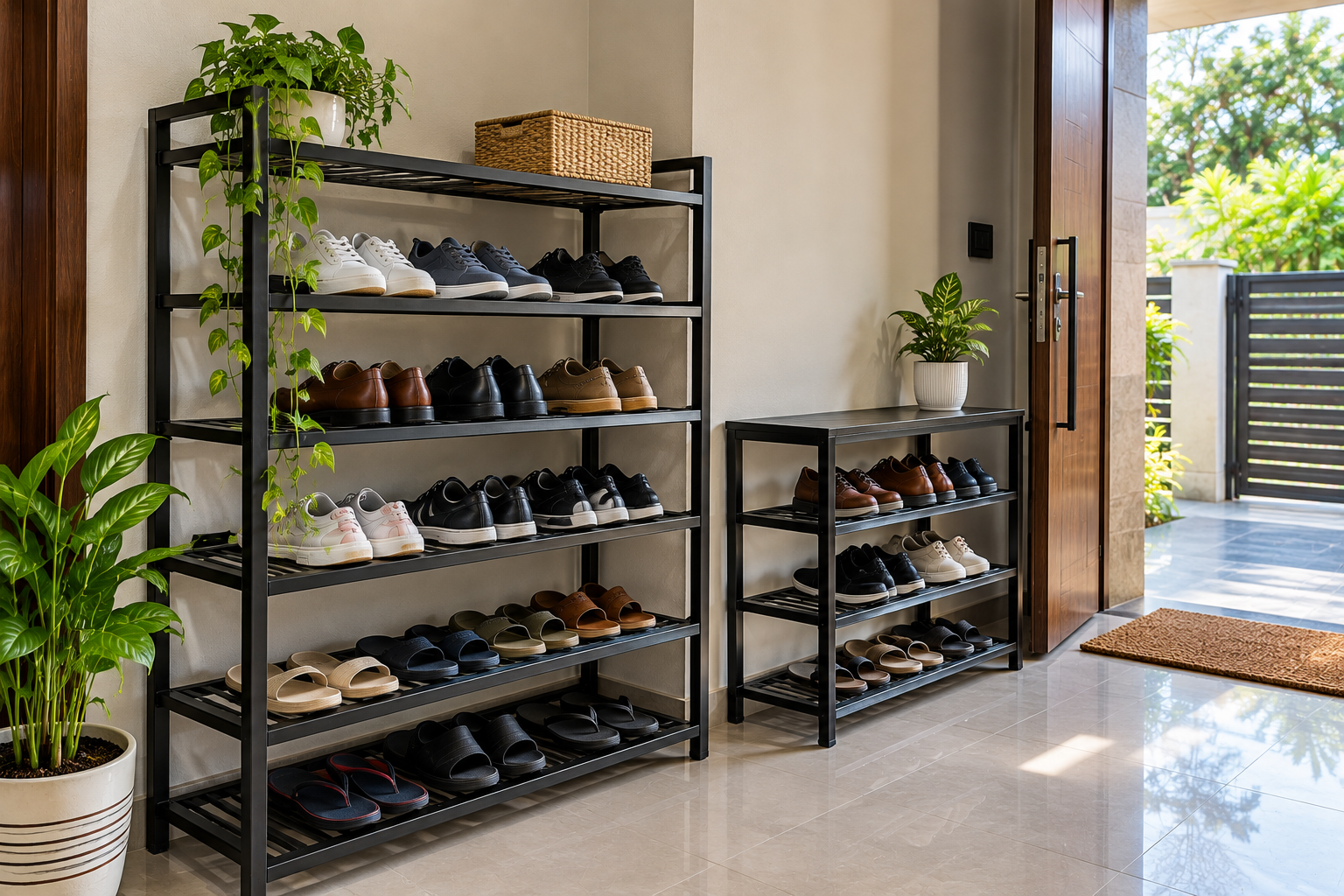 Modern shoe rack providing organised footwear storage in a home